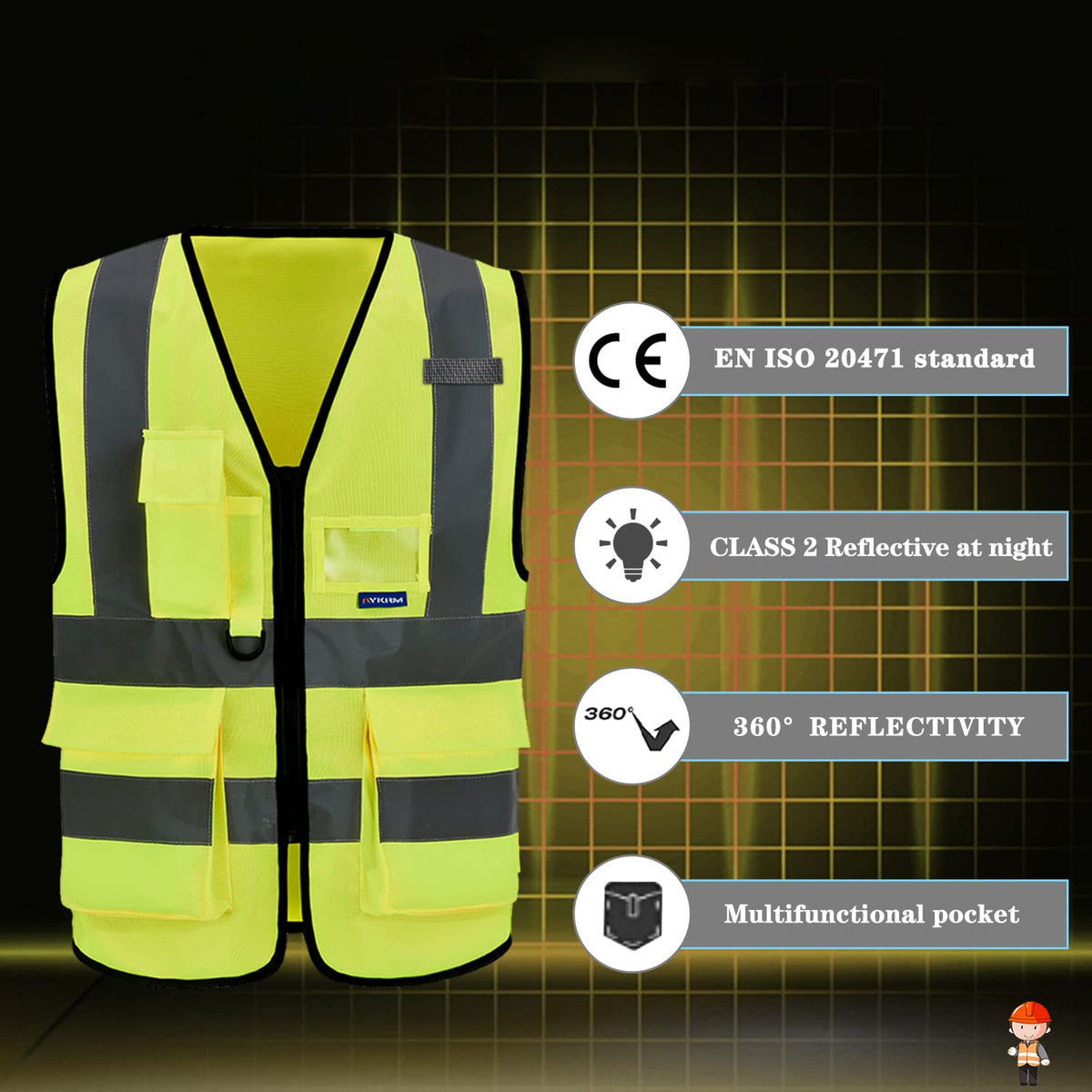 A-SAFETY 7pocket High Visibility Safety Vest Zipper, Construction Vest Reflective Strips ANSI/ISEA Standards for Motorcycle, Running,work, Bicycle Riding Outdoor Activities, Yellow