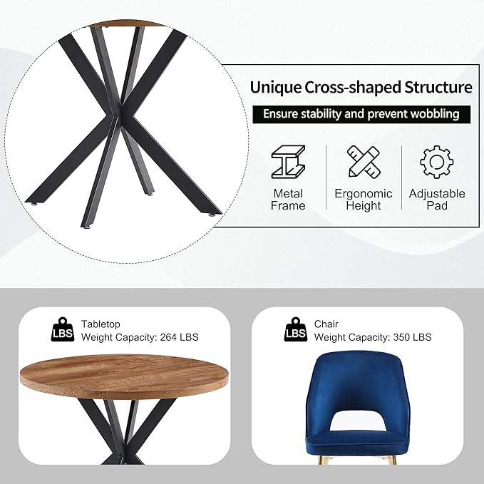 NORDICANA 3-Piece Dining Table Set for 2 - Space Saving 37-Inch Round Table and Chairs, 2 Seaters Dining Set with Upholstered Dining Chairs (Navy Blue)
