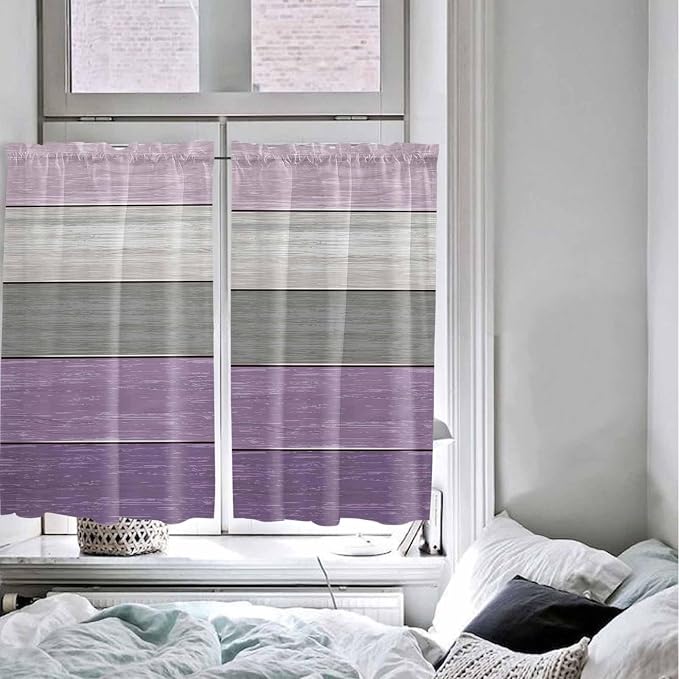 Country Wood Board Gray Purple Window Valance Curtains, Farmhouse Gradient