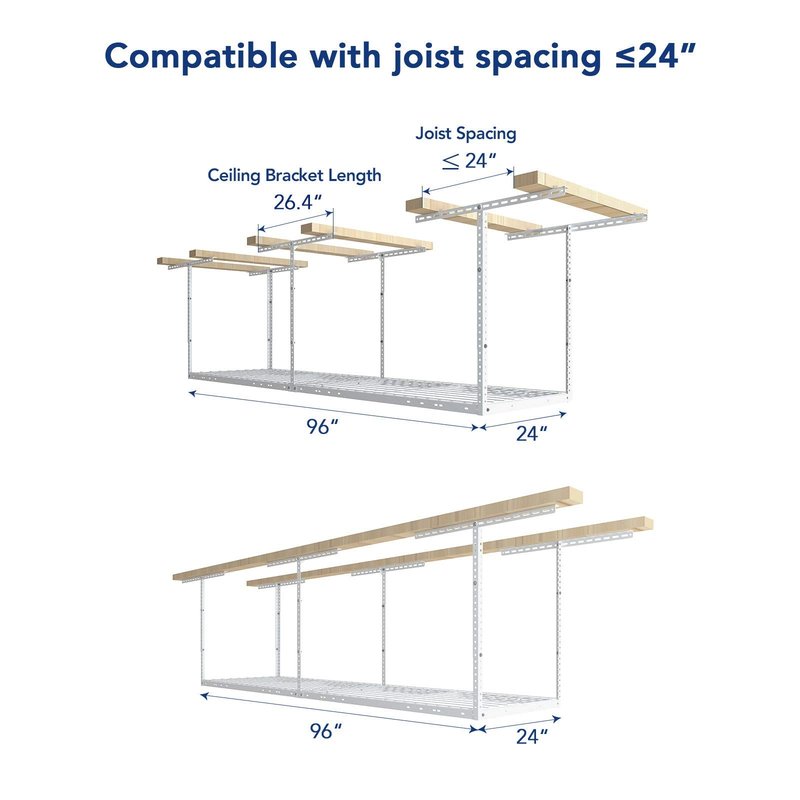 FLEXIMOUNTS 2x8 Overhead Garage Storage Rack,Adjustable Storage Organization System,Heavy Duty Metal Garage Ceiling Storage Racks,400lbs Weight Capacity,White, Classic Series