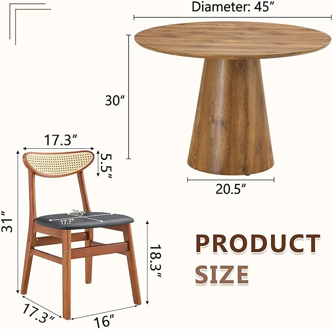 45 Inch Round Dining Table Set for 4, 5 Piece Kitchen Table and Chairs Set, Wooden Table with Light Walnut Finish, Small Space Dining Set for Apartment or Dining Room