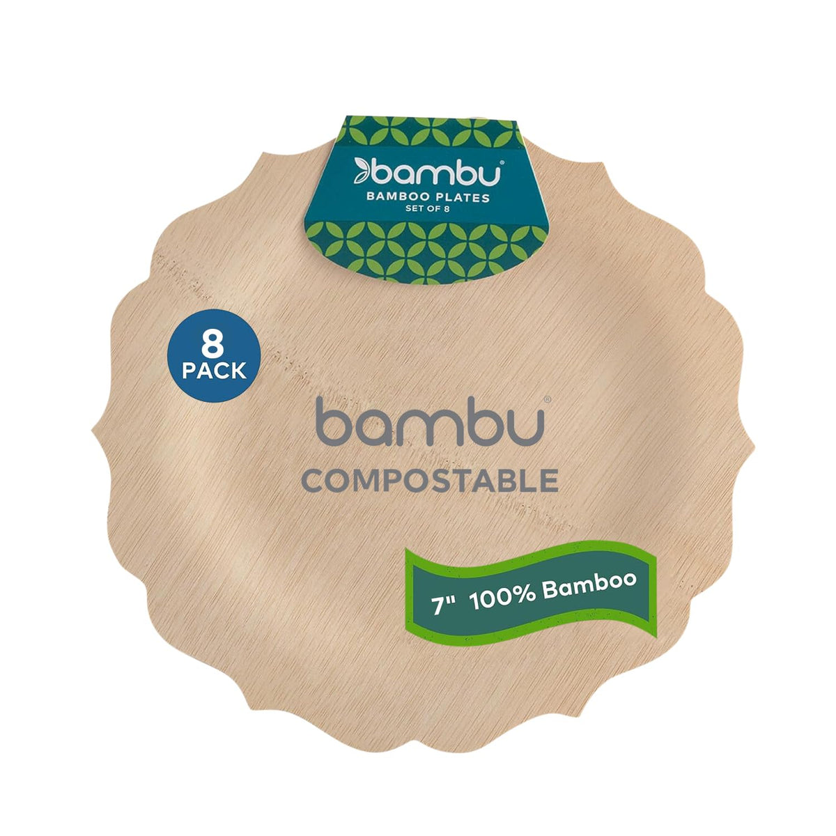 Bambu Pack of 8-9 Inch Disposable Bamboo Plates Fancy, Biodegradable Eco Friendly Products, Bamboo Disposable Plates for Party, Weddings, and Events, Great For Any Occasion, Compostable Plates