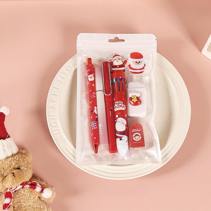 7 Pcs Cute Xmas Stationery Set Kawaii Christmas School Supplies Office Supplies Including Ballpoint Pens Pencil Sharpener Highlighter Correction Tape Eraser (X-mas(Red))