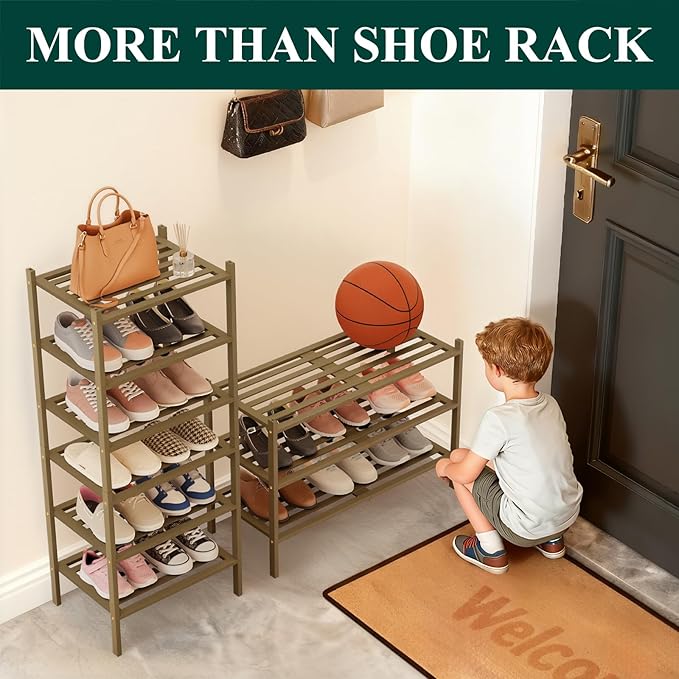 Smiry Bamboo Shoe Rack 3-Tier, Stackable Wooden Shoe Organizer for Entryway & Closet, Free Standing Wood Shoe Storage Shelf for Front Door & Small Spaces, Walnut