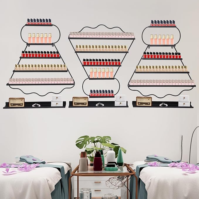 Metal Wall Mounted Nail Polish Racks Display Rack Cosmetic Display Case Lipstick Perfume Wall Shelf Essential Oil Organizer for Nail Polish Bottles Spa Nail Salon Shop (Black)