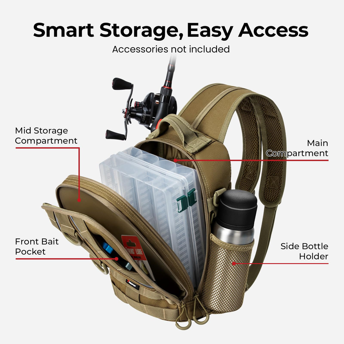 Piscifun Fishing Backpack with Rod Holder, Lightweight Sling Bag Storge Gear and Equipment, Khaki, Latch, Standard