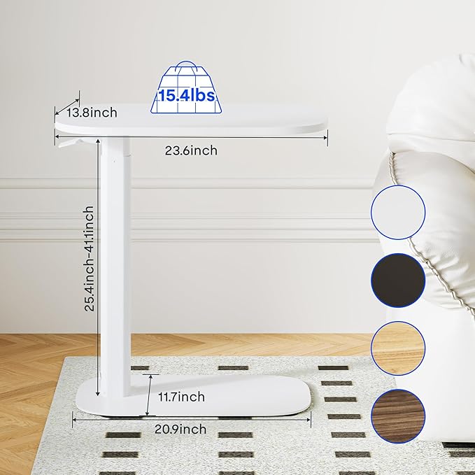 FLEXISPOT Adjustable C Table Mobile Snack Side End Table Sofa Couch Bedside Table Laptop Cart TV Tray Night Stand Small Space Side Table(23.6" W x 13.8" D,White)