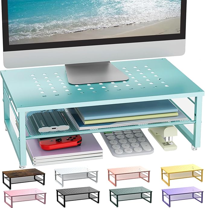 gianotter 2-Tier Metal Monitor Stand Riser, Desk Organizer for Monitor, Office Desk Storage Organizer for Office Supplies (Blue)