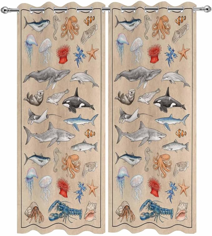 Vintage Outdoor Curtains for Patio Sharks Whales Lobsters Biographies