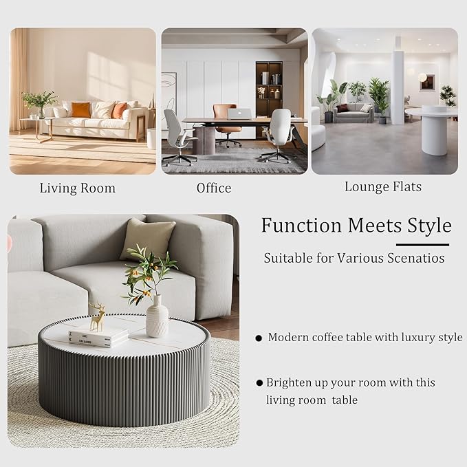 Grey Round Coffee Table with Sintered Stone Tabletop, 29.52" Drum Coffee Table with Fluted PU Leather Covered and Stable Base, Circle Cocktail Tea Table for Living Room
