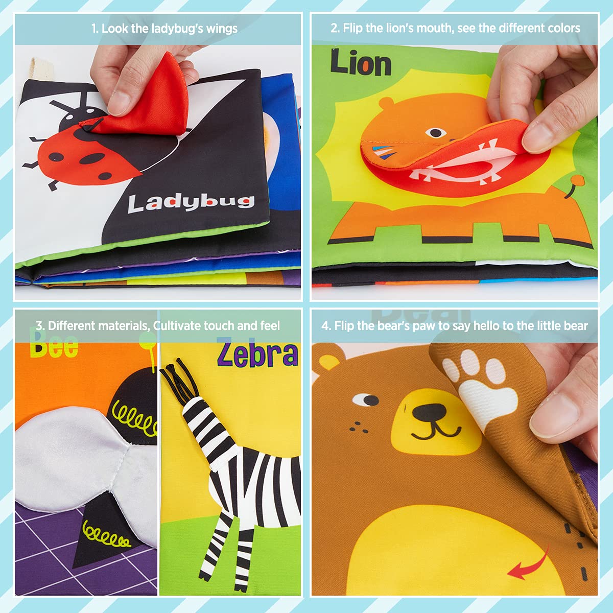 beiens Soft Baby Books, High Contrast Black and White Books NonToxic Fabric Touch and Feel Crinkle Cloth Books Early Educational Stimulation Toys for Infants Toddlers, Baby Girl & Baby Boy Gift Animal