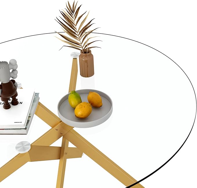 47.24" Round Glass Dining Table Modern Kitchen Glass Top Table for 6 with Gold Metal Legs, Clear Dining Table Kitchen Table for Home Office Dining Room