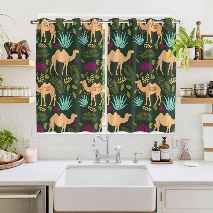 2 Panel Kitchen Cafe Curtains, Retro Desert Camel Sunlight Filtering Nature Air