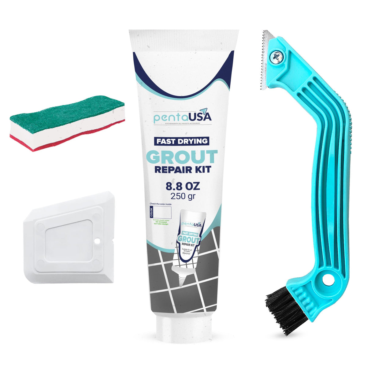 PentaUSA Tile Grout Repair Kit with Removal Tool - Premixed Acrylic Sanded Grout Filler for Bathroom, Shower, and Kitchen, Includes Applicator Spatula, and Sponge - White (8.8oz / 250g)