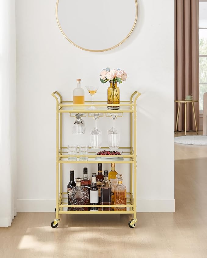 VASAGLE Bar Cart Gold, Small Home Bar Serving Cart with 3-Tier Mirrored Shelf, Wine Holders, Glass Holders, for Small Spaces, Kitchen, 15 x 23.6 x 36.2 Inches, Gold ULRC100A01