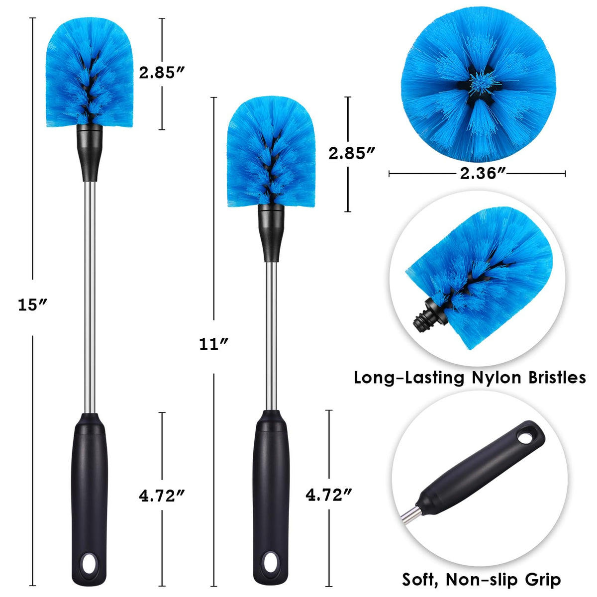 MOSOLAN Stainless Steel Bottle Brush with Replaceable Head, 2 Pack Long Handle Scrubbing Brush for Water Bottles, Glasswares, Mugs, Flasks, Tumblers, Vases, and Kitchen Sink, Blue, 13 in