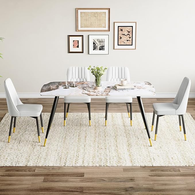 Modern Dining Table Set for 4, 62'' Sintered Stone Dining Table with 4 Chairs, Easy to Assemble