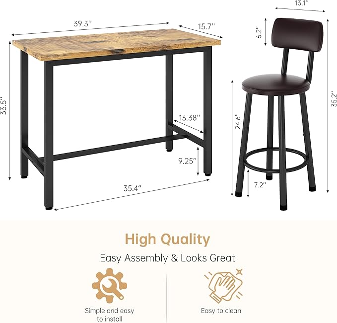 Recaceik 3 Piece Pub Dining Set, Modern bar Table and Stools for 2 Kitchen Counter Height Wood Top Bistro Easy Assemble for Breakfast Nook Living Room Small Space Restaurant, Rustic Brown 39”
