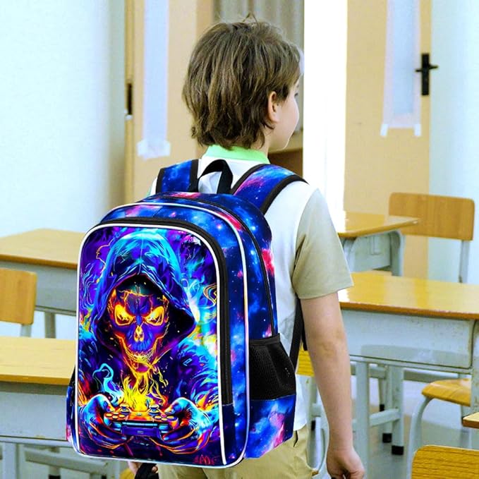 KLFVB 3PCS Bookbag for Boys, 17" Kids Gaming School Backpack and Lunch Box, Water Resistant Backpack for Teenagers Middle Elementary - Skull Game