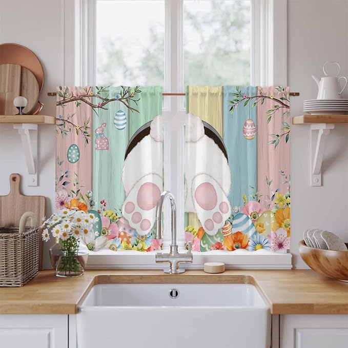 Easter Kitchen Curtains 45 Inch Long 2 Panel Set, Rod Pocket Window Treatment