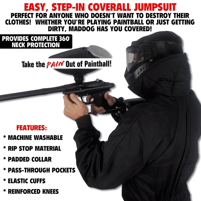 Maddog Durable Ripstop Step-In Coveralls | Full Body Paintball, Airsoft, Mechanic, Outdoor Work Protective Wear Jumpsuit - Tactical Black - Large
