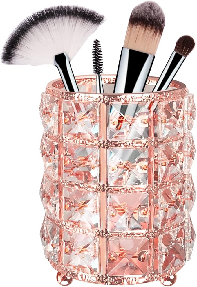 XB'ANG Flower Pattern Makeup Brush Holder Organizer Crystal Cosmetic Cup Eyeliners Eyebrow Pencil Storage Box Container Vanity Decor Accessories (Rose Gold)