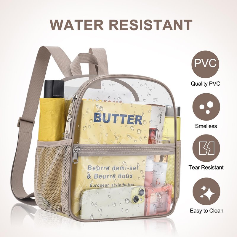 Slumou Clear Backpack for Stadium Events 12x12x6 Sports Backpack Mini Small for Fan, Concert, Beach, Work, Travel & Sporting（Khaki）