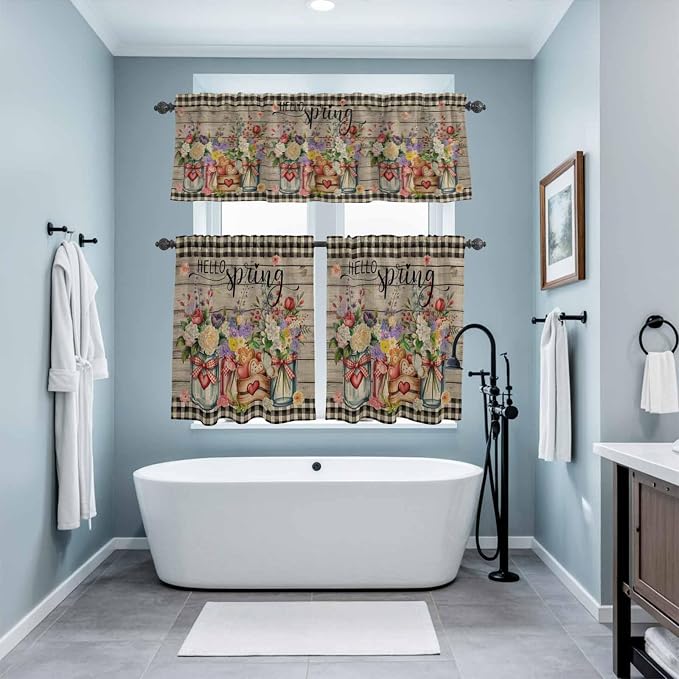 Kitchen Curtains Tiers and Valance Set of 3, Spring Flowers Light Filtering