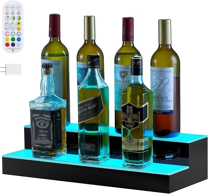 VEVOR LED Lighted Liquor Bottle Display, 2 Tiers 20 Inches Whiskey Rack, Supports USB, Illuminated Home Bar Shelf with RF Remote & App Control, 9 Static Colors, Acrylic Lighted Shelf for 10 Bottles