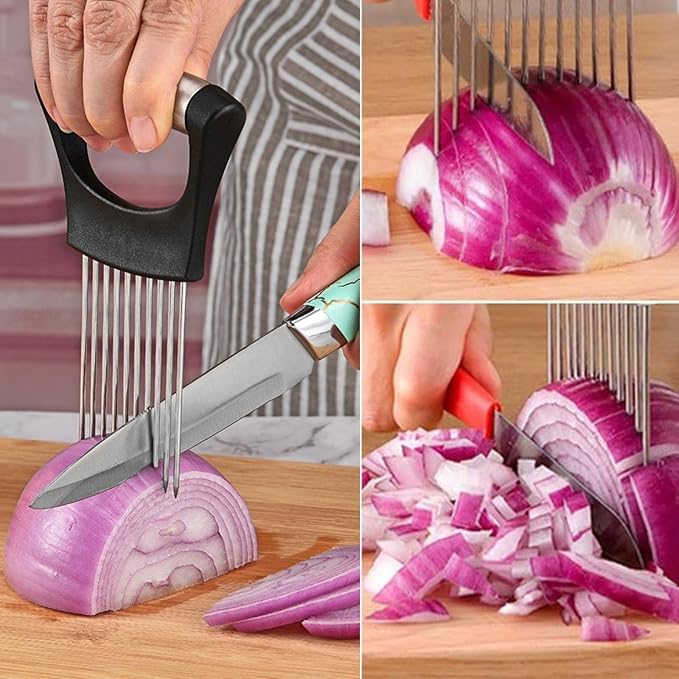 Zemcxney Stainless Steel Onion Holder for Slicing, Lemon Slicer Onion Cutter, Vegetable Cutter for Potato and Tomato, Avocados, Eggs, Food Slicer Assistant Tool for Fruit and Meat