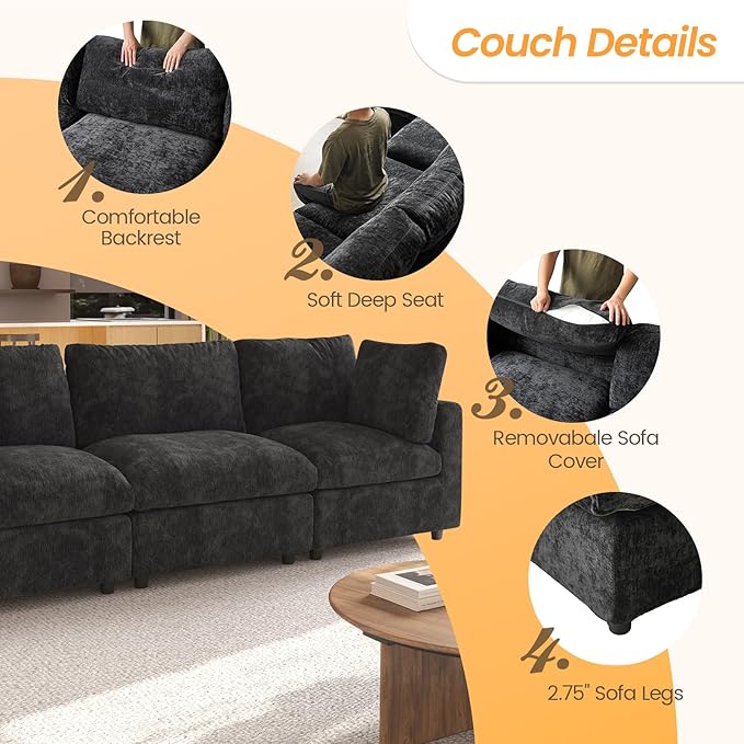 JACH V Shape Sectional Couches with Chaise Ottoman, Convertible Modular Sofa, Cloud Sectional Couch, Sofa Covers Washable, Minimalist Couch for Living Room, Apartment, Black