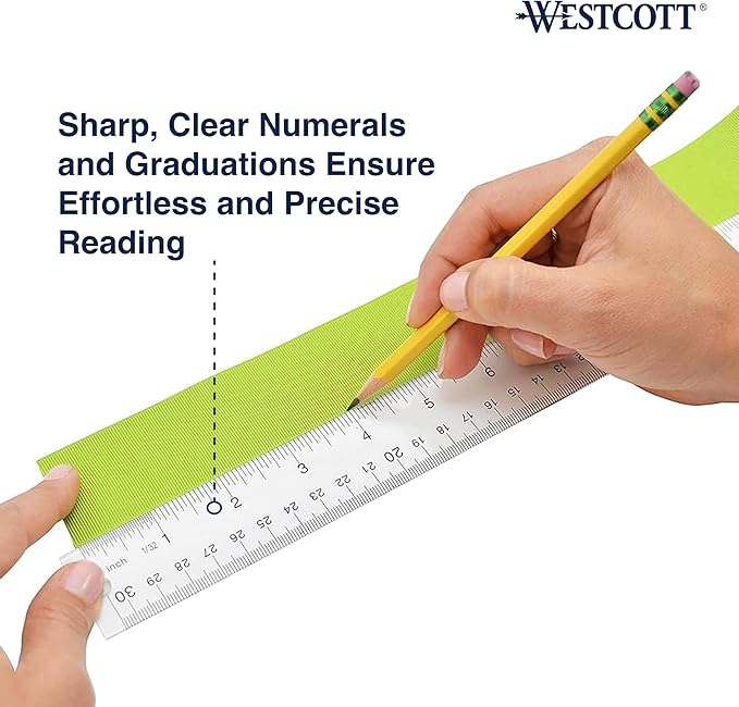 Westcott Acrylic Clear Rulers Set, Easy-to-Read Markings, Scratch-Resistant Design, Raised Beveled Edges, for Crafting, Office, Classroom, Back to School, School Supplies, 12-Inch, 3 Pack
