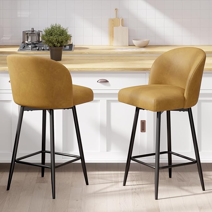 Counter Height Bar Stools Set of 2,360° Swivel Barstools with High Back and Metal Legs,26" Seat Height, Upholstered PU Leather Bar Chairs for Kitchen Island, Dining Room,Cafes,Yellow