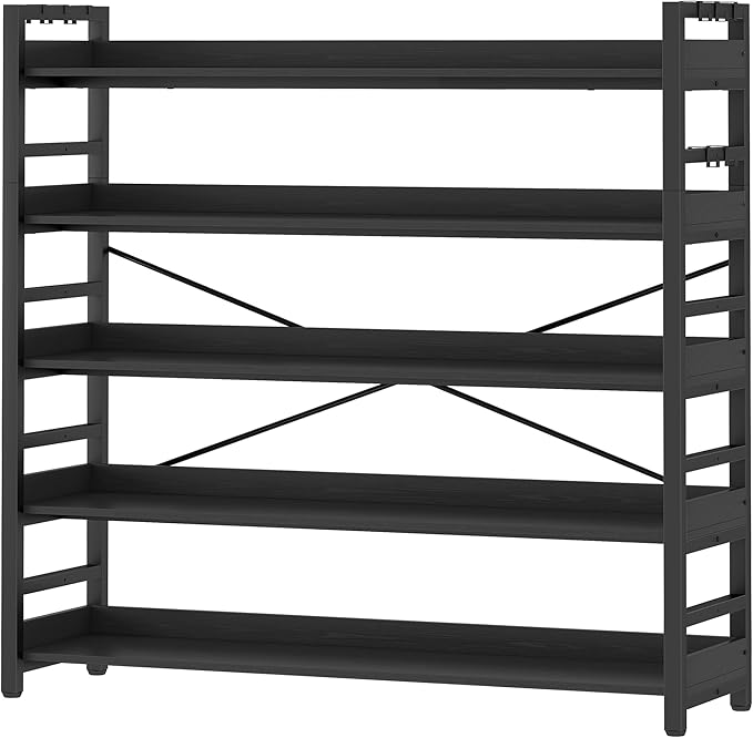 HCHQHS 5 Tier Bookshelf, Adjustable Industrial Bookcase, Vertical Tall Book Shelf, Wood and Black Metal Open Bookshelves for Home Office, Living Room, Bedroom
