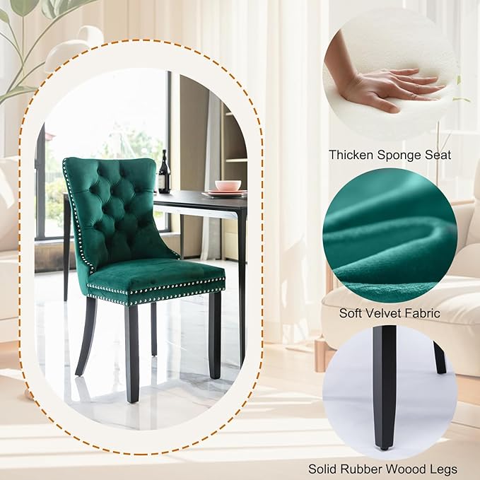 7-Piece Faux Marble Round Dining Table Set for 6, Modern Luxury Kitchen Table Set for 6 with Green Tufted Chairs,Circle Dining Tables with White Marble Grain Top and Black Pedestal Base
