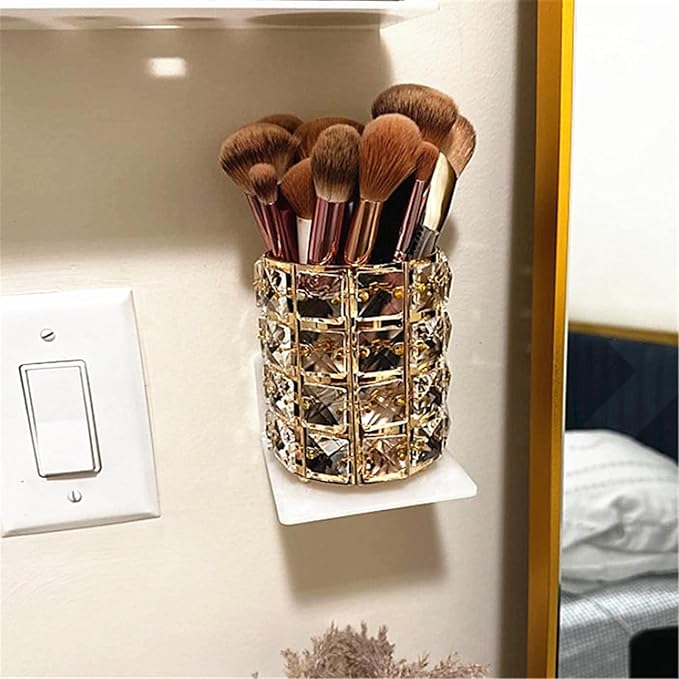 LUGUNU Makeup Brush Holder with Golden Crystal Bling – Elegant Vanity Organizer for Brushes, Pens & Pencils, Ideal for Bathroom or Office Countertop(2Pack)