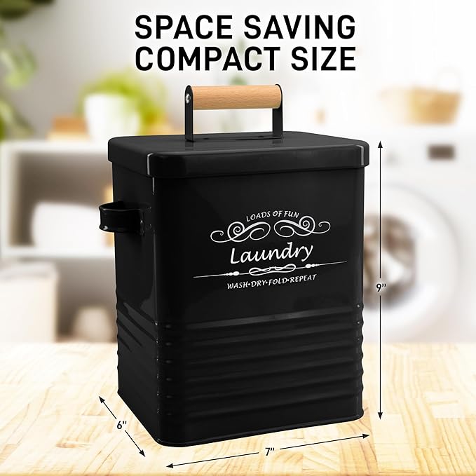 ELITAPRO Laundry Detergent Storage Container with Scoop & Lid - Modern Farmhouse Metal Powder Dispenser for Laundry Room Decor & Accessories - Organization & Storage (Black)