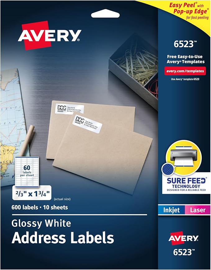 Avery Return Address Labels, Sure Feed and Easy Peel Technology, Glossy White Labels, 2/3" x 1-3/4", Permanent Adhesive, Laser/Inkjet, 600 Total (6523)