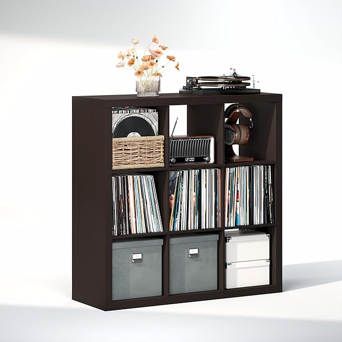 Furinno Cubicle Record Player Stand with Vinyl Storage, 9-Cube Vinyl Record Storage, 1.65" Triple Thick Open Back Media Shelf for CD DVD Blueray Game, for Living Room, Home Office, Black Dark Oak