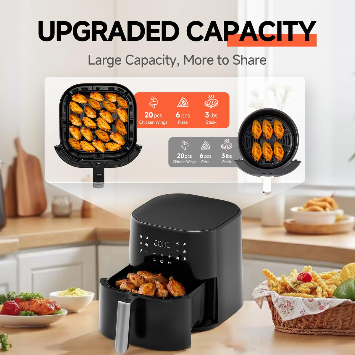 Qido Air Fryer, 5.28 QT Square Airfryer, 400°F Fast Heating Air Fryers Oven with One-Touch Presets, Auto-Off, Dishwasher-Safe Nonstick Basket, Multiple 8 in 1 Function, Compact Black