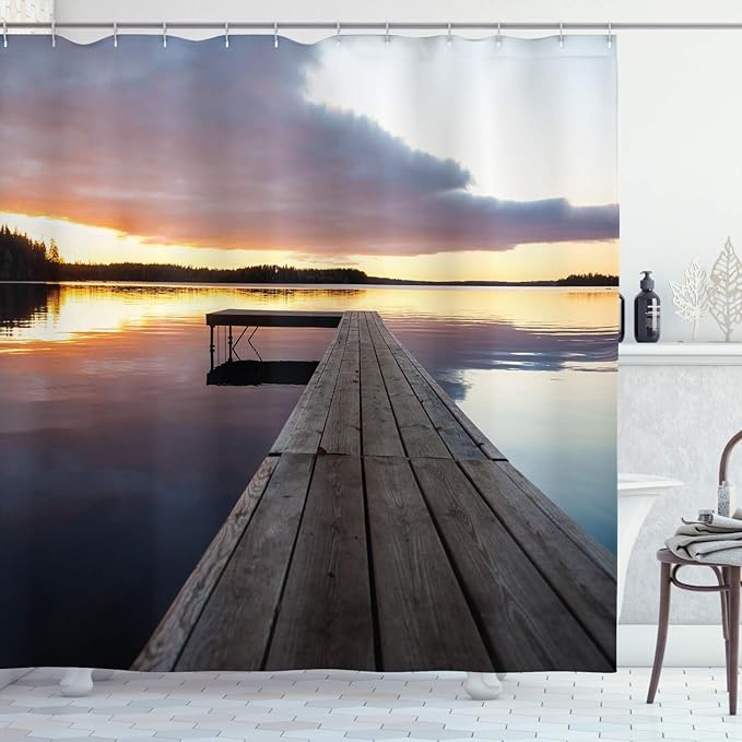 Ambesonne Landscape Shower Curtain, Serenity Relaxing Themed Port Pier Wooden Rustic Image of Dawn Sunset in Lake Art, Cloth Fabric Bathroom Decor Set Hooks, 69" W x 75" L, Multicolor Indigo Pale Blue