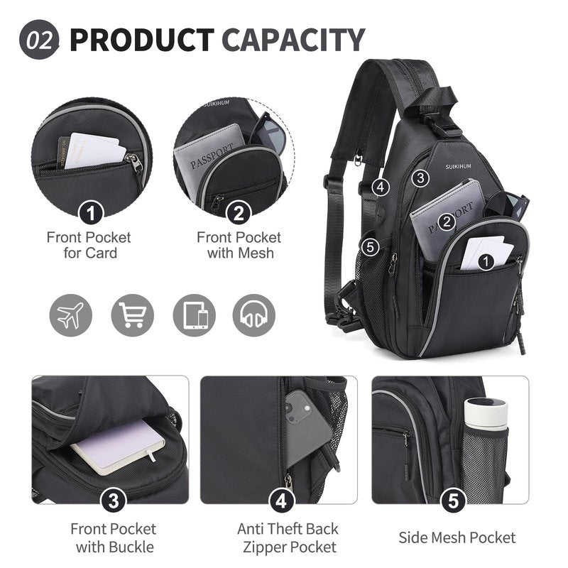 SUIKIHUM Crossbody Sling Bag with Water Bottle Holder, 8.3" Convertible Small Backpack Anti Theft Daypack, Chest Fanny Pack for Men Women, Black