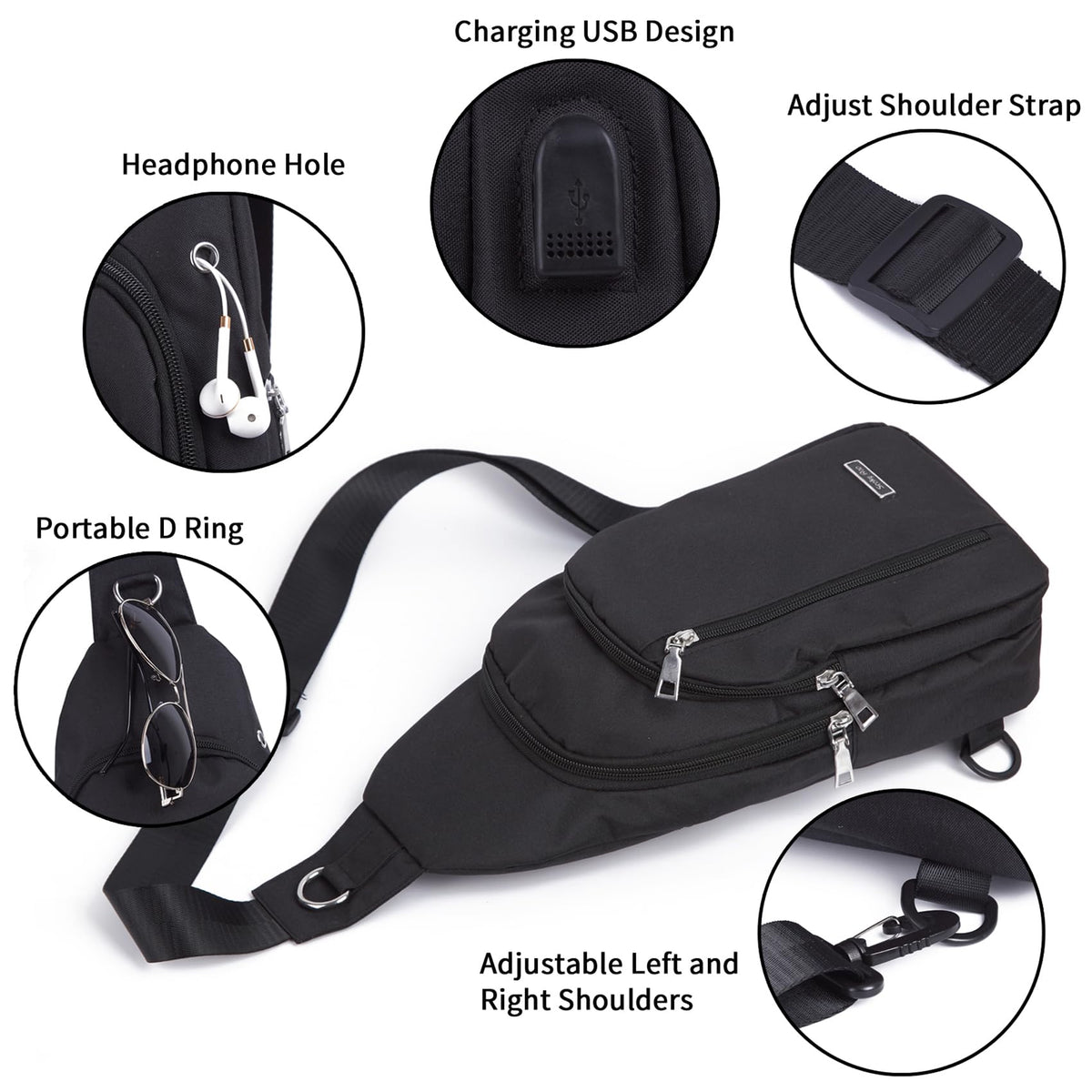 Seoky Rop Small Sling Bag for Men Women One Strap Shoulder Crossbody Backpack with USB Charging Port for Hiking Cycling Travel Black