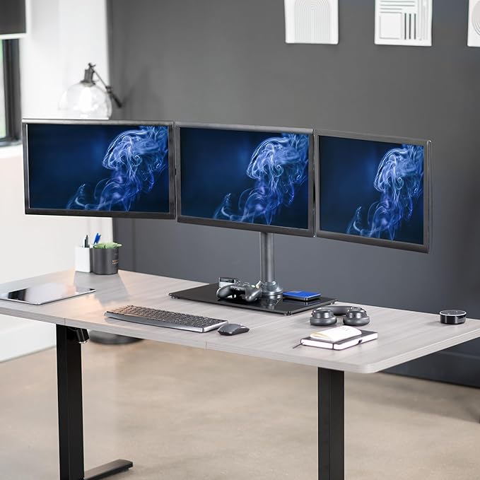 VIVO Black Triple Monitor Mount Freestanding Desk Stand with Glass Base, Heavy Duty Fully Adjustable Stand for 3 Screens up to 24 inches STAND-V003FG
