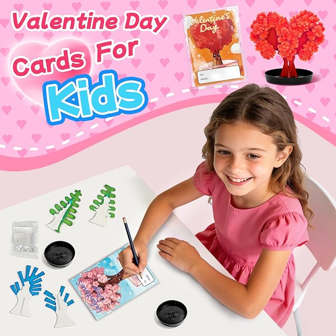 24 Pack Valentine’s Day Growing Crystal Trees Kit With Greeting Cards for Kids STEM Science Experiment Craft Party Favors School Classroom Gifts Exchange Goodie bags for Boys and Girls