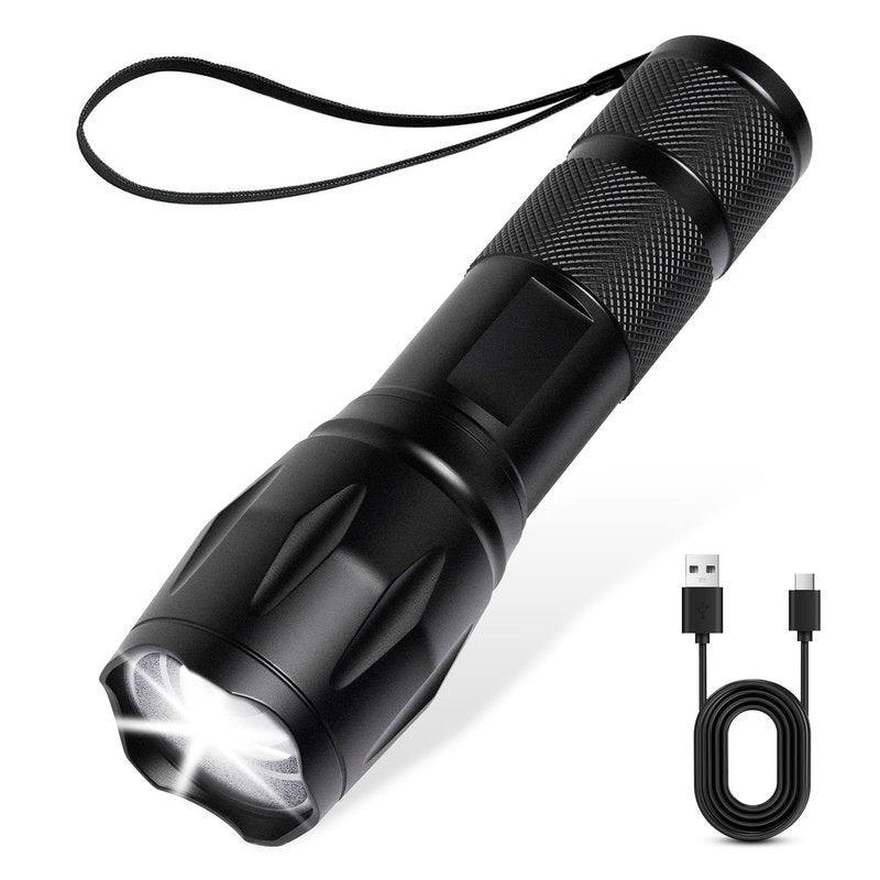 JINIU Rechargeable LED Flashlight, Bright Tactical Torch High Lumens, White Light, Waterproof Handheld Zoomable Flash Light, Gifts for Men, Hunting Camping Essentials Gear
