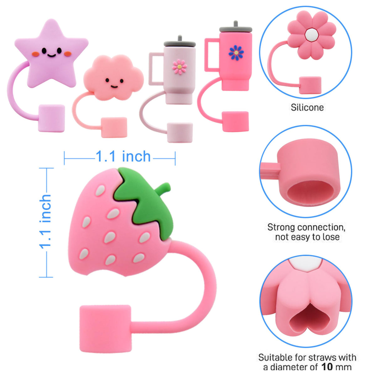 Meitesti Cover Cap for Stanley Cups, Topper Compatible with 30 & 40 Oz Tumblers, Reusable Dust-Proof Silicone Lids, Drinking Straw Covers, 6pcs All Pink