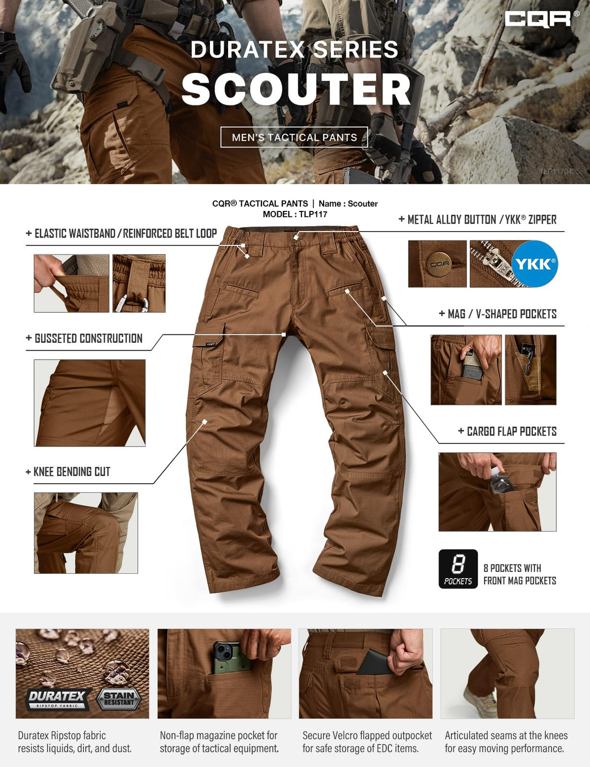 CQR Men's Tactical Pants, Water Resistant Ripstop Cargo Pants, Lightweight EDC Work Hiking Pants, Outdoor Apparel, Raider Copper Brown, 36W x 32L