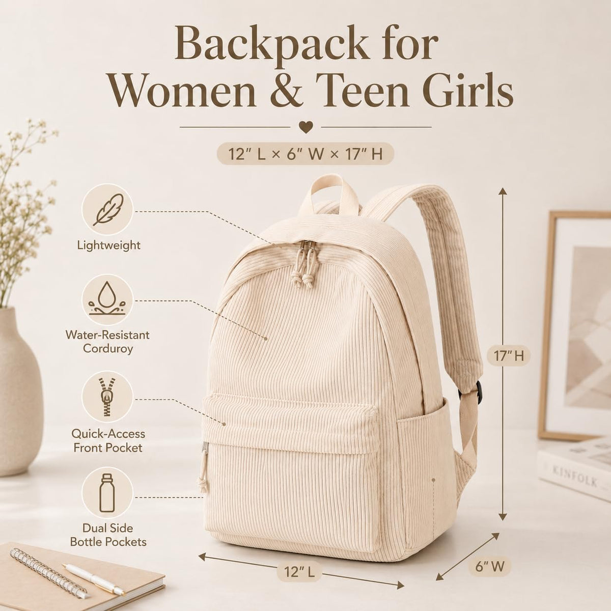 BTOOP School Backpack for Teens Large Corduroy Bookbag Lightweight 15.6 inch Laptop Bag for Girls Women Casual High School College