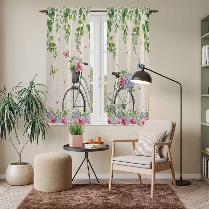 Farmhouse Spring Kitchen Curtains, Retro Bicycles Flowers Vines Butterfly Light